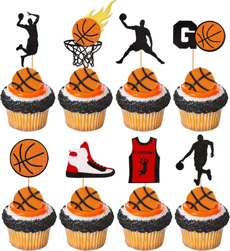 Miniatura 12 de 1 paquete de decoración de pastel de baloncesto con purpurina para fanáticos de la NBA, temática de baloncesto, selección de pastel de cumpleaños
