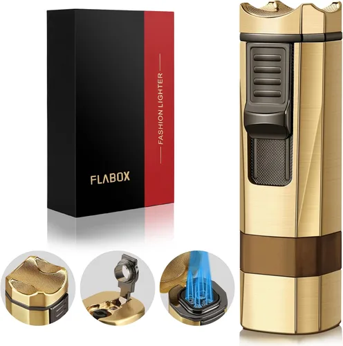 Miniatura 9 de Encendedor de antorcha de cuatro chorros, punzón y soporte, resistente al viento, multifuncional, recargable, encendedor de butano, caja de regalo