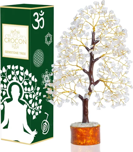 Crocon Árbol de la vida de cristal de cuarzo transparente, chakra para energía positiva, decoración de Feng Shui, árbol bonsái de dinero con piedras
