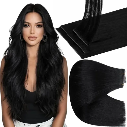 Miniatura 13 de Full Shine Invisi Edge - Extensiones de cabello con clip sin costuras, color negro azabache, cabello Remy inyectado de trama invisible para cabello