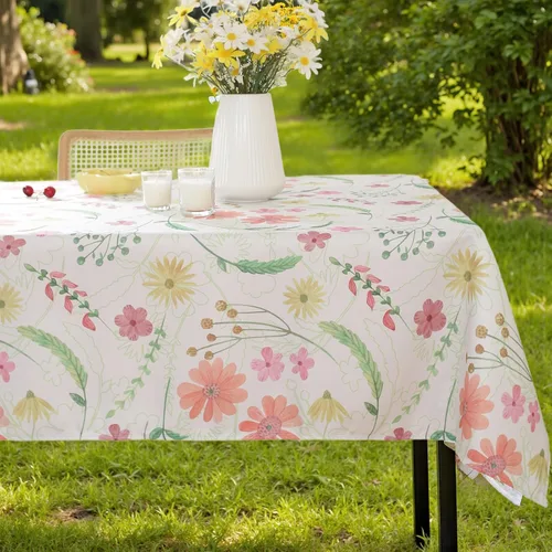 Mantel rectangular de primavera y verano, 52 x 70 pulgadas, flores silvestres en acuarela, a prueba de derrames, sin arrugas, lavable a máquina, de