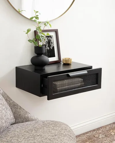 Miniatura 4 de Kate and Laurel Ori Modern Cane - Mesa auxiliar flotante de bastón, 18 x 13 x 6 pulgadas, color negro, estante de pared de ratán montado con cajón