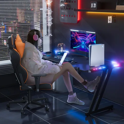 Miniatura 2 de HLDIRECT Escritorio para juegos de 47 pulgadas con luces LED, mesa grande de escritorio RGB para computadora con soporte para tazas, gancho