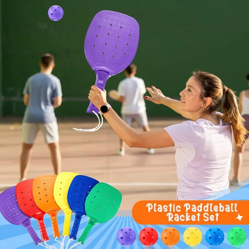 Miniatura 5 de Lunmon Raqueta de paddle leball de plástico con bolas Equipo de PE para escuela primaria 15.2 x 7.5 pulgadas Raqueta de bola de paleta con cordón