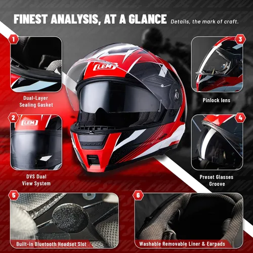 Miniatura 8 de LEM Cascos modulares de motocicleta de fibra de vidrio, casco de motocicleta de cara completa abatible para excursiones, certificado por DOT, visera