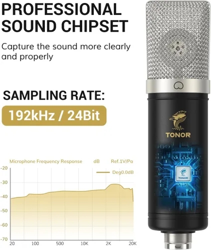 Miniatura 4 de TONOR Micrófono de condensador de 192 kHz/24 bits, kit de micrófono cardioide USB con brazo de pluma mejorado/soporte de choque de araña