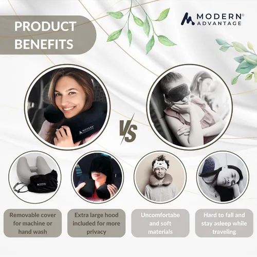 Miniatura 4 de Modern Advantage Almohada inflable de viaje para aviones con capucha cómoda, soporte ajustable para el cuello, almohada ligera y compacta para Negro