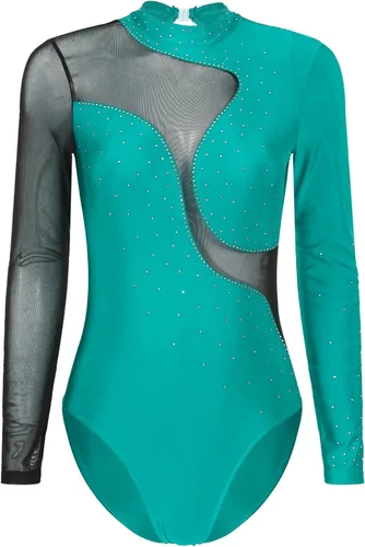 Miniatura 23 de iiniim Leotardo de malla para mujer, con diamantes de imitación, de malla, de manga larga, leotardos de gimnasia