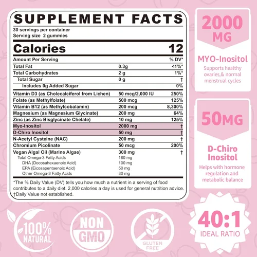 Miniatura 2 de NEVISS Paquete de 2 gomitas de mio-inositol y D-Chiro inositol sin azúcar, ideal para proporción 40:1 de inositol para mujeres y L metilfolato