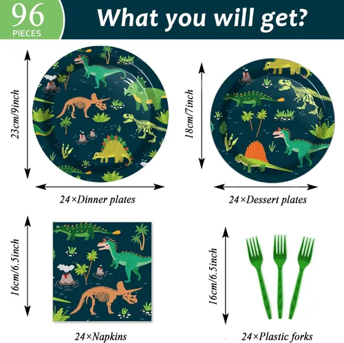 Miniatura 2 de Tevxj Juego de vajilla de dinosaurio de 96 piezas, platos desechables con temática de dinosaurios, servilletas y tenedores para decoración de fiesta