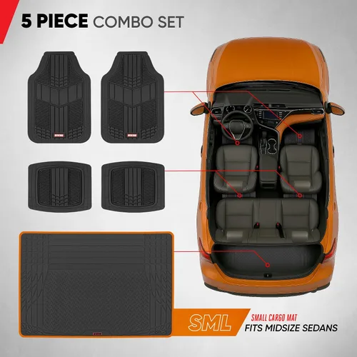 Miniatura 2 de Motor Trend FlexTough Tapetes de Piso Negros para Automóviles y Tapete de Carga Juego Completo - Tapetes de Piso Automotrices de Goma para Todo Tipo