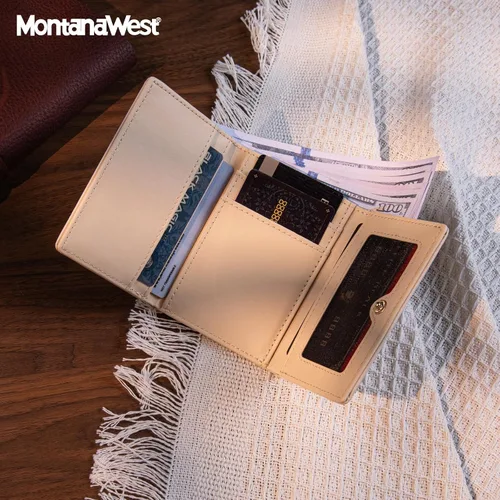 Miniatura 2 de Montana West Billetera pequeña de triple pliegue para mujer, con bloqueo RFID, carteras minimalistas con ventana de identificación, Beige