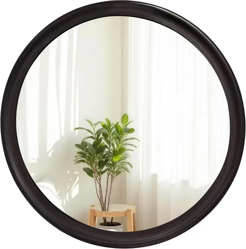 CULER Espejos Redondos de Pared de 24 Pulgadas, Espejo Decorativo Rústico de Madera de Transición con Marco de Nogal para Pared, Espejo Estilo Nogal