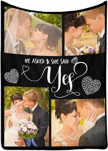 Miniatura 2 de Manta de fotos personalizada, manta de pareja de boda, con texto en inglés «He Asked And She Said Yes», 4 fotos, manta de boda, regalo romántico
