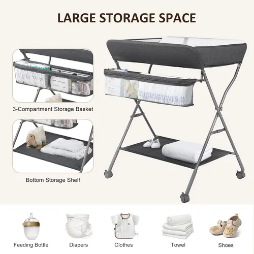 Miniatura 6 de Mesa de Cambiar para Bebé con Ruedas, Maydolly Estación de Pañales Portátil Ajustable en Altura Plegable con Organizador de Guardería y Estante