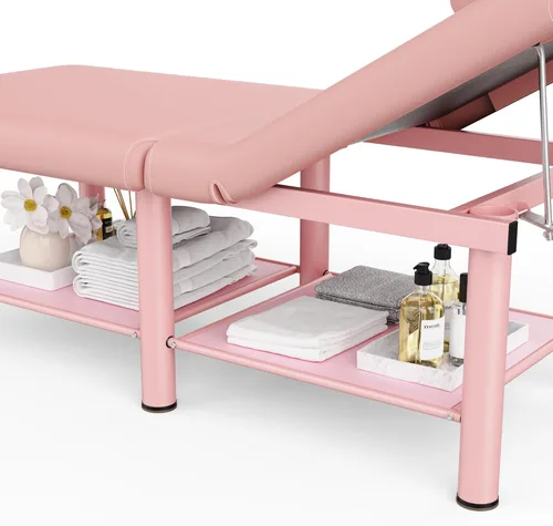 Miniatura 3 de pouseayar Mesa de masaje estacionaria rosa cama plegable con respaldo y espacio de almacenamiento para mesa de tratamiento, mesa de terapia física