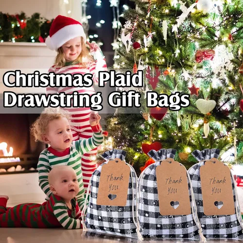 Miniatura 6 de Shappy 24 bolsas de Navidad con cordón, bolsas de arpillera a cuadros de Navidad, bolsas de lino con cuerda de 32.8 pies, 24 tarjetas