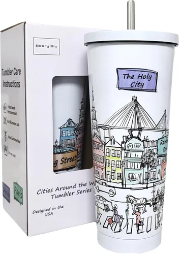 Miniatura 8 de Cities Around the World - Serie de vasos de 25 onzas – Diseñado en los Estados Unidos, vaso aislado al vacío con tapas y pajilla, taza de acero
