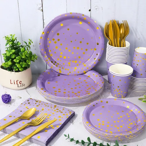 Miniatura 5 de Whaline Juego de vajilla de lavanda de 175 piezas de papel de aluminio morado con puntos dorados, platos de papel, servilletas y tazas para 25