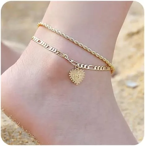 Yooblue - Tobilleras con dije de corazón e inicial delicado, relleno de oro de 14 quilates, joyería dorada para mujeres, adolescentes y niñas,