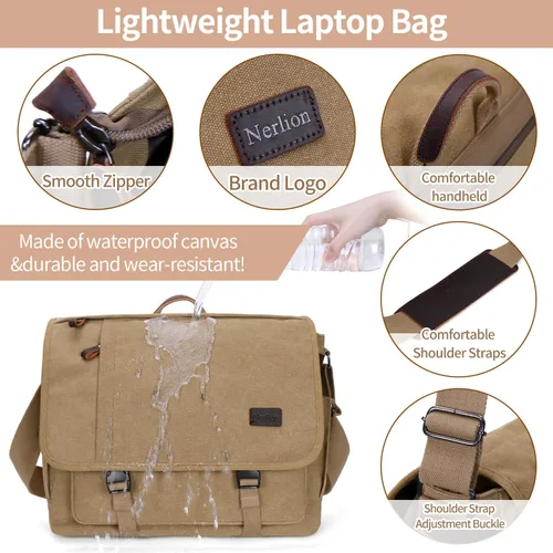 Miniatura 5 de NerIion Bolsa de Mensajero para Hombres de 17-17.3 Pulgadas, Bolsa de Laptop de Lona Resistente al Agua, Bolsa de Hombro, Maletín de Trabajo, Marrón