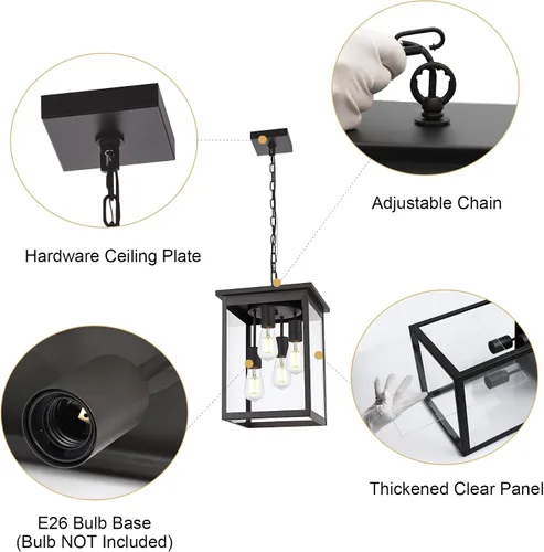 Miniatura 39 de TODOLUZ Lámpara Colgante de Exterior de 3 Luces Negra, Linterna Colgante Exterior Ajustable Luz de Porche