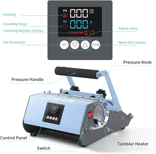 Miniatura 6 de PYD Life Máquina de prensa térmica de vasos 2 en 1 de 40 onzas, 110 V, azul, 20 onzas, 30 onzas, prensa de calor para vasos de 40 onzas con asa