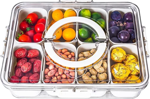 Miniatura 8 de Dingerjar Bandeja dividida para servir con tapa y asa, contenedor de charcutería para aperitivos portátiles, organizador transparente para dulces