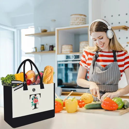 Miniatura 129 de Bolsa de lona con inicial, regalos de cumpleaños personalizados para mujeres, madres, amigas y profesoras, bolsas de mano con monograma adecuadas