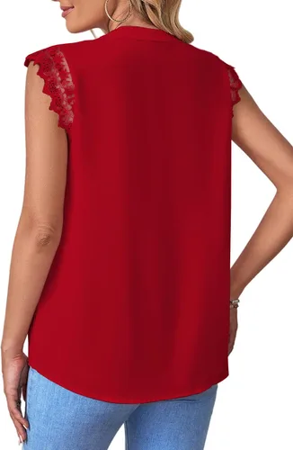Miniatura 2 de LYANER Blusa elegante sin mangas con cuello en V y ribete de encaje para mujer