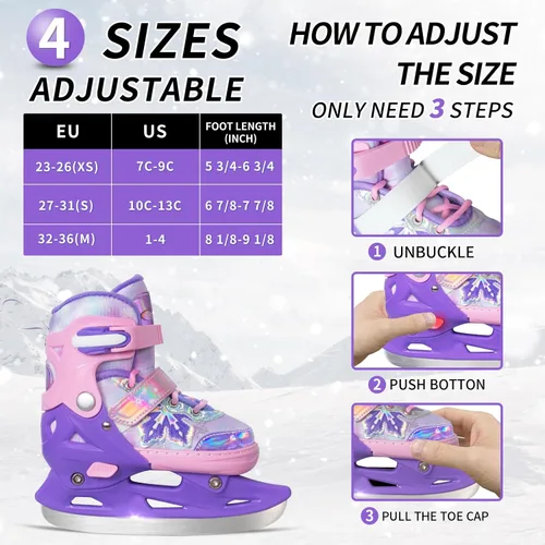 Miniatura 7 de Patines de hielo ajustables Nattork para niños - 4 tallas ajustables con cordones, patines de hockey con forro de felpa cálido, soporte de tobillo