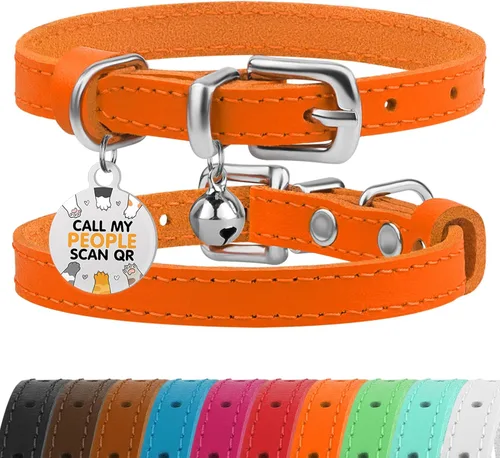 Miniatura 19 de BRONZEDOG Collar de cuero para gato con campanas extraíbles sin liberación rápida, etiqueta QR para gatito para niña y niño