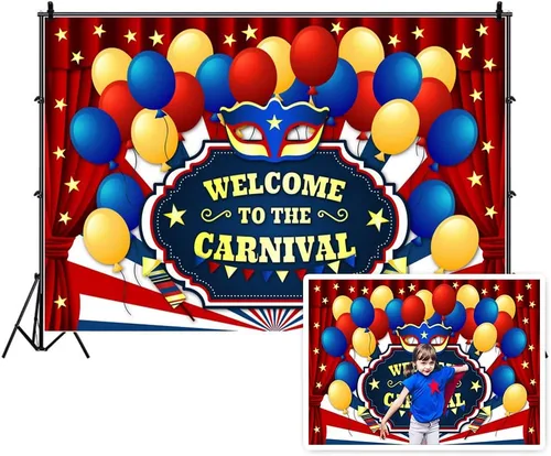 Miniatura 2 de Yeele Telón de fondo de fiesta de carnaval de 10 x 6.5 pies para fotografía, globos azules y amarillos, cortina roja, telón de fondo para fiesta