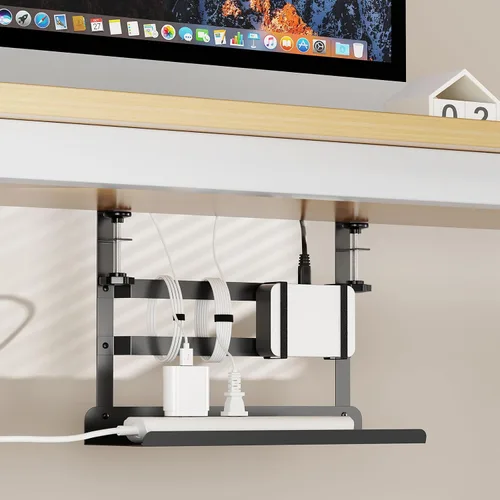 Miniatura 3 de YECAYE Bandeja de gestión de cables para debajo del escritorio, Montaje de abrazadera sin perforación, Bandeja de gestión de cables de metal