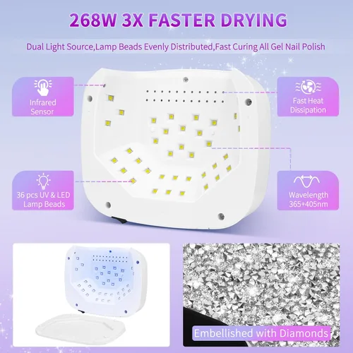 Miniatura 2 de Lámpara de uñas LED UV, secadores y guantes de 268 W, luz UV de diamante para esmalte de uñas de gel, lámpara de gel de poliéster de secado rápido