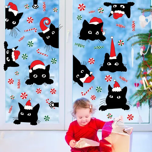 Miniatura 7 de Adhesivos de ventana de Navidad para ventana de Navidad, gato negro y menta, calcomanías de pared para decoración de ventanas de tienda de vidrio