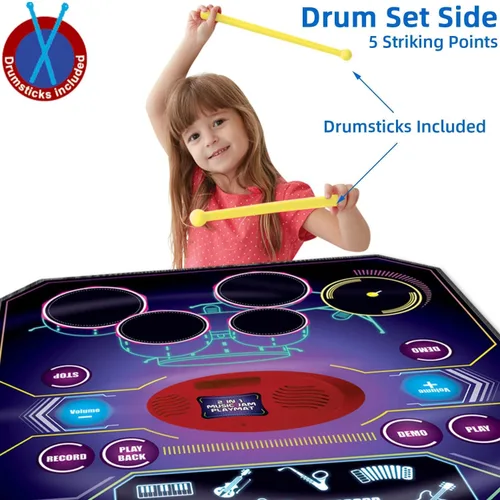 Miniatura 4 de Juguetes de aprendizaje musical 2 en 1 para niños y niñas, juego de batería + alfombrilla de piano Grabación y reproducción, canciones