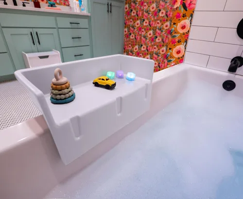 Miniatura 15 de Tub Topper® Protector contra salpicaduras de bañera y estante de baño para niños – Bandeja de baño para niños pequeños, almacenamiento de juguetes