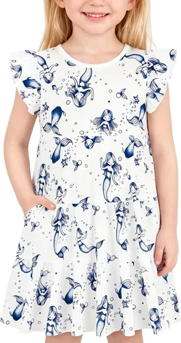 Miniatura 30 de Vestido casual para niñas, de algodón suave, manga corta, transpirable, acampanado, para adolescentes, talla 2T, 3T, 4T, 5, 6, 7, 8, 9, 10, 12, 13