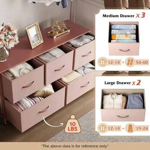 Miniatura 4 de WLIVE Cómoda para Dormitorio con 5 Cajones, Cómoda de Tela de Ancho Amplio, Unidad de Organización de Almacenamiento con Cajones de Tela para Rosa