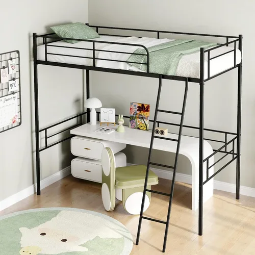 KOMFOTT Cama tipo loft de metal tamaño individual, base de cama alta con escalera, barandilla de seguridad, litera loft que ahorra espacio para