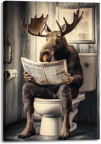 Miniatura 7 de GLOKAKA Lienzo decorativo para baño, diseño divertido de alpaca sentado en el inodoro, leyendo periódico, arte de pared, humor, granja, animal, arte