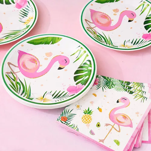Miniatura 4 de WERNNSAI Juego de platos y servilletas de flamenco, sirve para 50 invitados, 100 piezas, suministros de fiesta hawaiana Luau, juego de vajilla