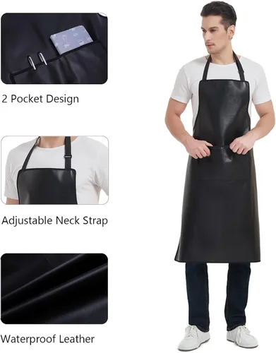 Miniatura 4 de Delantal impermeable, delantal de trabajo resistente, delantal de cuero artificial, ideal para chef, carnicero, peluquero, limpieza Negro