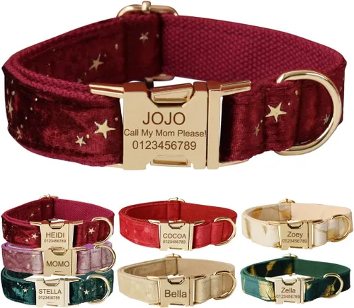 Miniatura 16 de Collar para perro personalizado con hebilla metálica - Collares para mascotas personalizados con nombre y número de teléfono (Estilo Terciopelo1)