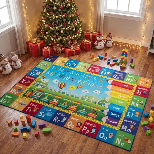 Miniatura 7 de Unirea Alfombra infantil de 5 x 7 pies para sala de juegos, dormitorio, aula, tapete de juego educativo lavable con alfabeto ABC, números, animales