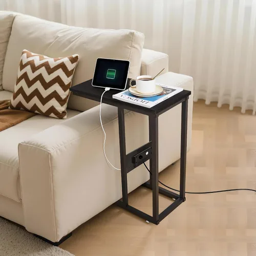 Miniatura 8 de VECELO Mesa auxiliar en forma de C con estación de carga y tomas de corriente para sofá, cama, bandeja de TV con marco de metal para sala de estar