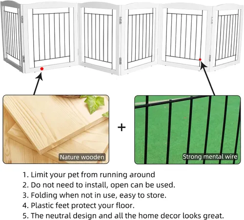 Miniatura 5 de ZJSF Puerta plegable independiente para perros, puerta de madera extra ancha blanca para cachorros, 6 paneles, puertas altas para mascotas
