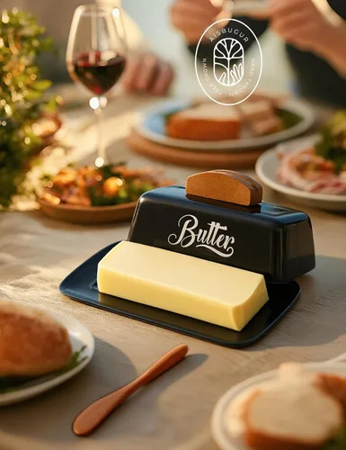 Miniatura 7 de Mantequillera negra con tapa y cuchillo, bandeja de mantequilla negra, soporte de mantequilla de cerámica para mostrador humanizado con mango de Rojo
