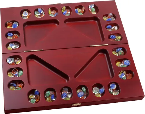 Miniatura 8 de GSE Games & Sports Expert Juego de mesa plegable de madera de Mancala con piedras de vidrio multicolor y bolsa de almacenamiento, juego portátil